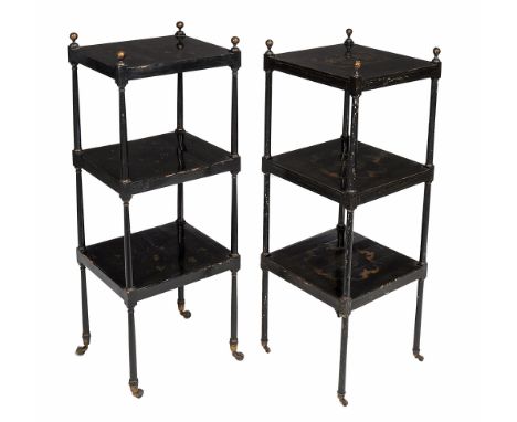  Two similar japanned and black lacquered whatnots  , first quater 19th century,  each with three square shelves and slender 