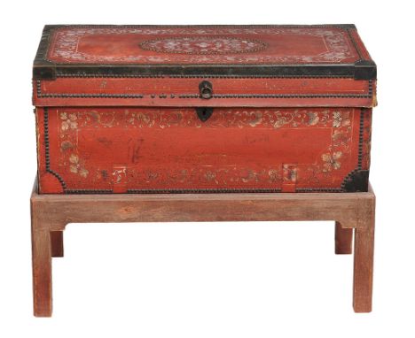  A Chinese export red leather trunk  , mid 18th century,  with floral decoration, brass corners and studs, on a painted stand