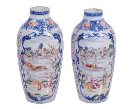  A pair of Chinese export tapering vases, Qing Dynasty  , circa 1800,  decorated in coloured enamels with figures in riversca