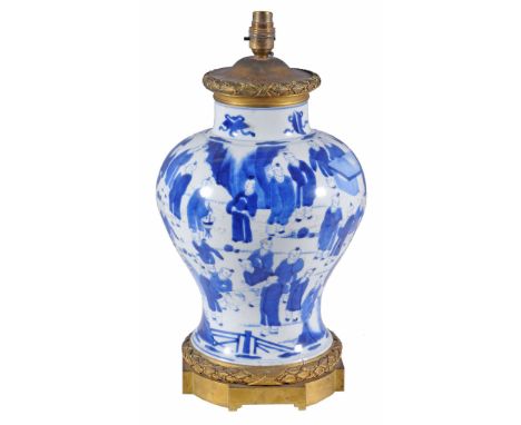  A Chinese ormolu mounted baluster vase,   Qing Dynasty, Kangxi (1662-1722),  painted in underglaze blue with boys at various