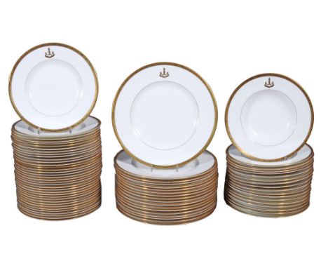  A Minton bone china part dinner service  , circa 1960, bearing the Askew family crest. comprising, eighteen dinner plates, e