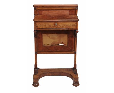 A George IV flame mahogany screen table, circa 1825,  with single drawer and firescreen panel back above concave-fronted oblo