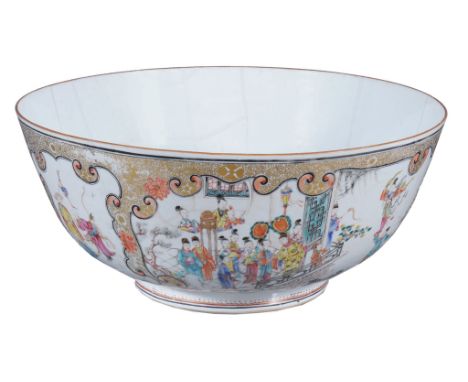  A large Chinese export famille rose punch bowl,   Qing Dynasty, Qianlong (1736-95),  one side enamelled with a dignitary wit