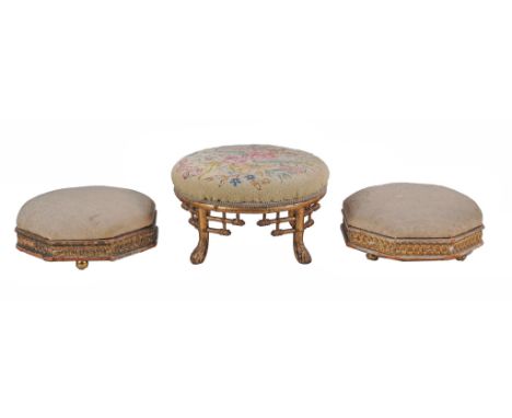  A pair of Victorian carved giltwood and upholstered octagonal footstools  , 28cm diameter;   together with and another Victo