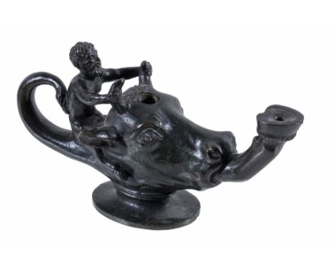  An Italian bronze oil lamp  , late 19th century, probably Chiurazzi foundry,  in the form of a bull's head, with the figure 