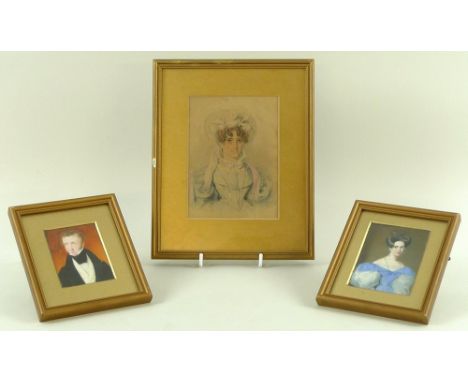 A pair of late 19th century portrait miniatures, both apparently painted on ivory, 12 by 14cm, together with a third watercol