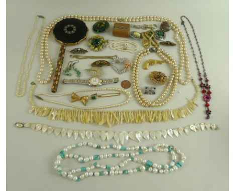 A collection of costume jewellery, including a Tissot PR50 ladies bi-metal wristwatch, steel cased, a pair of jade drop earri