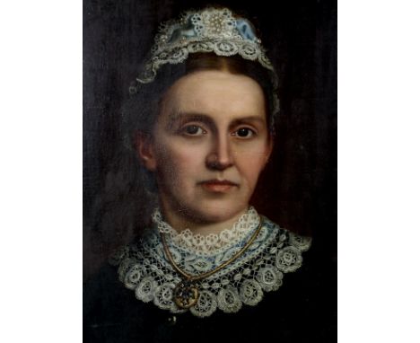 A 19th century portrait of a young lady in black, wearing a lace and pearl silk cap, and collar, with a gold ivy design mourn