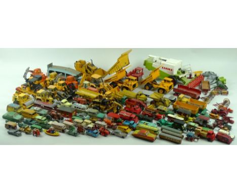 A large selection of playworn mid 20th century and later die cast models, many Dinky, including a Dinky lawnmower. no. 751, D