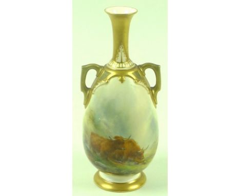 A Royal Worcester blush ivory porcelain vase of ovoid twin handled form, painted with Highland Cattle by Harry Stinton, the n
