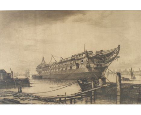 John Lumsden Propert R.A. (British, 1834-1902): a ship in harbour, etching, signed to the plate, and dated 1876, 37 by 55cm.