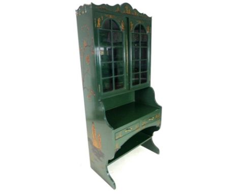 A painted Chinoiserie bureau bookcase, mid to late 20th century, decorated in dark green with figures, twin glazed doors encl