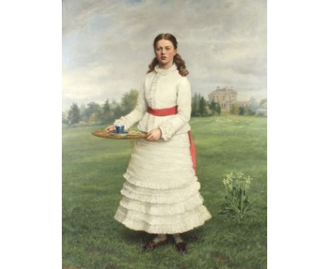 John Templeton Lucas (English, 1836-1880): a portrait of Evelyn Francis English, depicting a young lady in white dress holdin