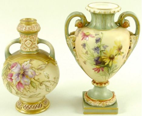 A Royal Worcester blush ivory twin handled vase of ovoid form with scrolled handles, the body painted with margarites and har