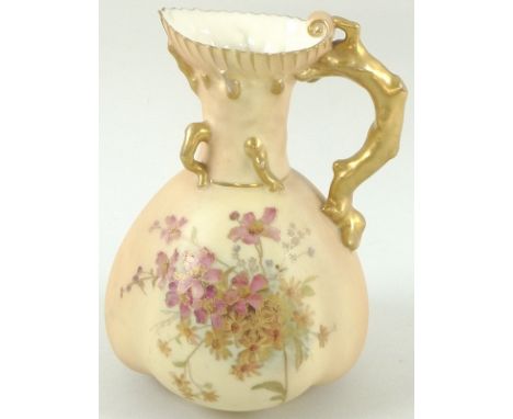 A Royal Worcester blush ivory ewer with scalloped rim, gilded coral handle and painted to the lobed body with dog roses and w