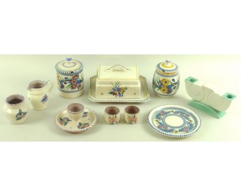 A collection of Poole pottery including two jam pots and one plate in Fuchsia EE  pattern, plate painted by Norah Preston, cy