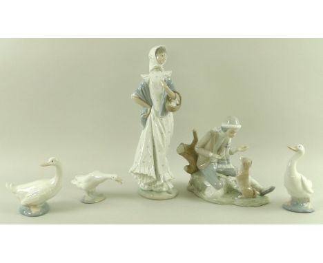 A collection of four Nao and one Lladro figurines, comprising three geese, a Nao lady with head scarf, shawl and basket of ro