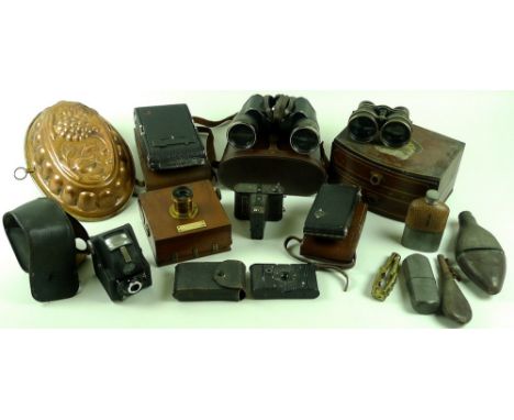 A large selection of gentleman's items including two pairs of binoculars, 20.5cm and smaller, a Sykes metal hip flask, Ensign