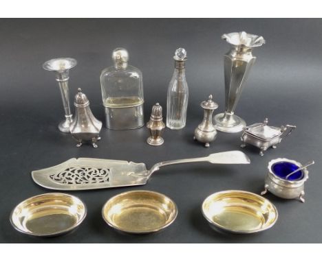 A collection of silver including a pierced fish knife, William Robert Smily, 1845, two salt cellars with Bristol blue glass l