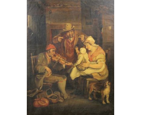 A 19th century English interior scene, depicting a mother and child with two gentlemen, one playing a fiddle, and with a smal