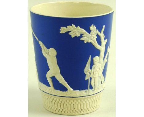 A Copeland Late Spode ceramic golfing beaker, the body relief decorated with white figures and geometric detailing to foot, u