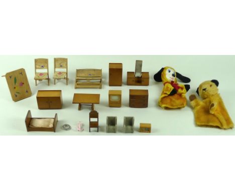 A vintage plush sweep hand puppet, 23cm, a vintage hand puppet of a cartoon dog, 24.5cm, and a group of vintage wooden dolls 