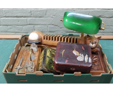 A mixed lot to include a brass students lamp (untested), a brass bound wooden inkstand, a painted box, a biscuit tin, lighter