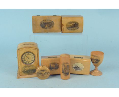 Eight pieces of Mauchline ware, all with local mainly Lowestoft scenes including a cased compass and money box