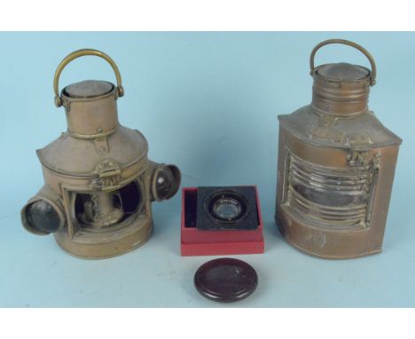 A small copper ships port lamp plus a double ships lamp (lacking glass) a Ross optics large lens and a 'Wunup' baccy pot