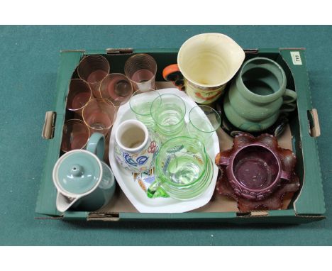 A mid Century Poole vase, Denby teapot, glasses and two 1930's jugs