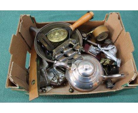 A mixed box of items including a plated teapot, brass items including an egg timer, magnifying glass, spirit level etc