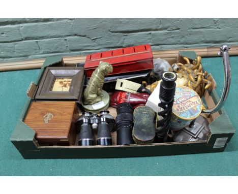 A mixed box of items including an Art Deco chrome table lamp base, a composition Medusa's head, a model sextant, opera glasse