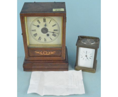A late Victorian Winthaller &amp; Hoffmeier 'Postman's alarm clock' mantel clock plus a brass cased carriage clock