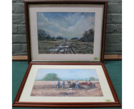 Two Joe Crowfoot watercolours of country scenes of farmer's relaxing with a tractor in a field and a winter scene, approx 39c