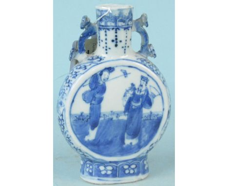 A Chinese blue and white small moon flask with character marks to base, 15cm tall