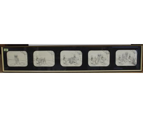 Circa 1960's series of five Babycham framed pencil sketches, possible French inscription and artist signature, frame size 120