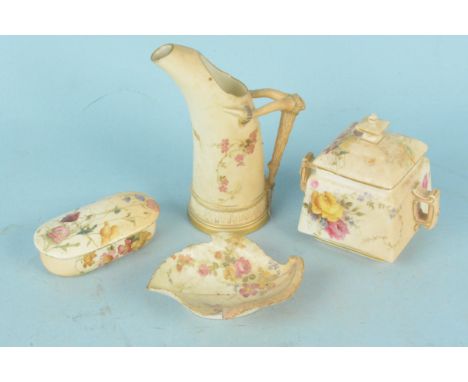 Four items of Royal Worcester blushware including two lidded pots, a jug and a leaf shaped dish