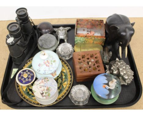 A brass tobacco tin (as found lid), binoculars, door knocker, carved elephant, lighters etc