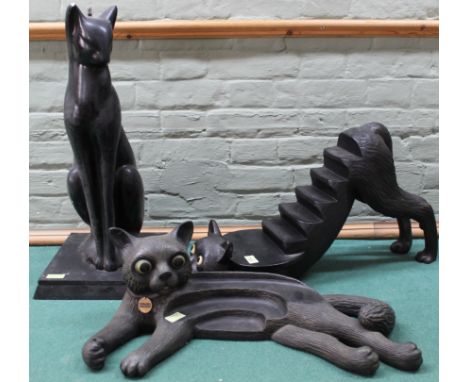 Two large vintage Harmony Kingdom cat display stands plus a large plaster black cat lamp base (as found)