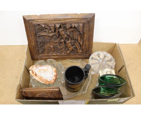 A mixed lot including five pieces of Studio glass, carved cameo conch shell, an olive wood travelling hand mirror plus a carv