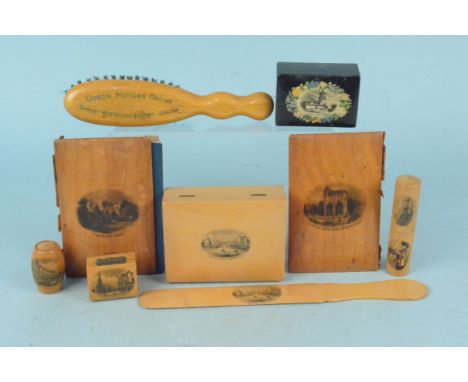 Eight pieces of Mauchline ware, most with local scenes including 'The High Light' Lowestoft, a Dryburgh Abbey book cover plus