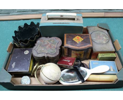 A mixed lot including vintage tins, a portable radio by 'K B Gaiety', two painted tin cache pots etc