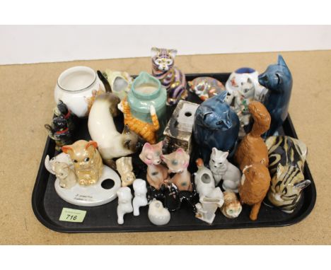 A collection of cat ornaments including two Crown Derby, Poole Pottery etc