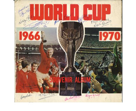 Multi signed World Cup 1970 souvenir album. Signed by 13. Bobby Charlton, Nobby Stiles, Geoff Hurst, Gordon Banks, Alan Ball,