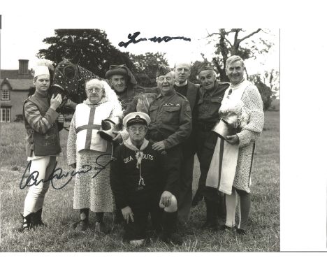 Ian Lavender and Frank Williams signed 8x10 Dads Army black and white photo pictured with cast during the filming of Knights 