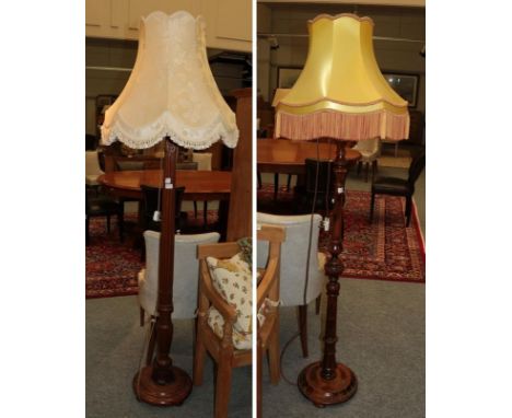 A mahogany standard lamp (adapted from a bed post) and a walnut standard lamp 