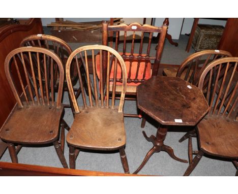 Five ash and elm spindle back chairs, tripod table and a rush-seated spindle back chair 