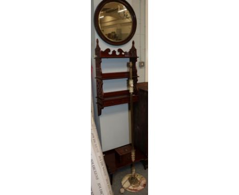 Early 19th century inlaid tea caddy, onyx standard lamp, mahogany wall shelves, circular wall mirror, Denby &amp; Spinks bed 