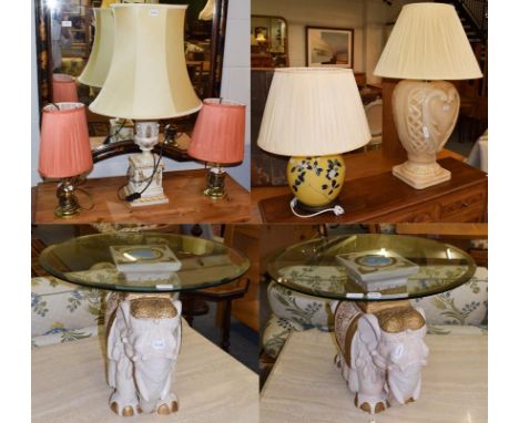 A pair of modern ceramic Elephant table with circular glass tops, together with a large modern urn shaped table lamp with sha