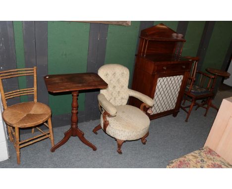 A Victorian mahogany chiffonier with a brass grill door, a Victorian open armchair, two tripod tables, a bamboo and rush seat